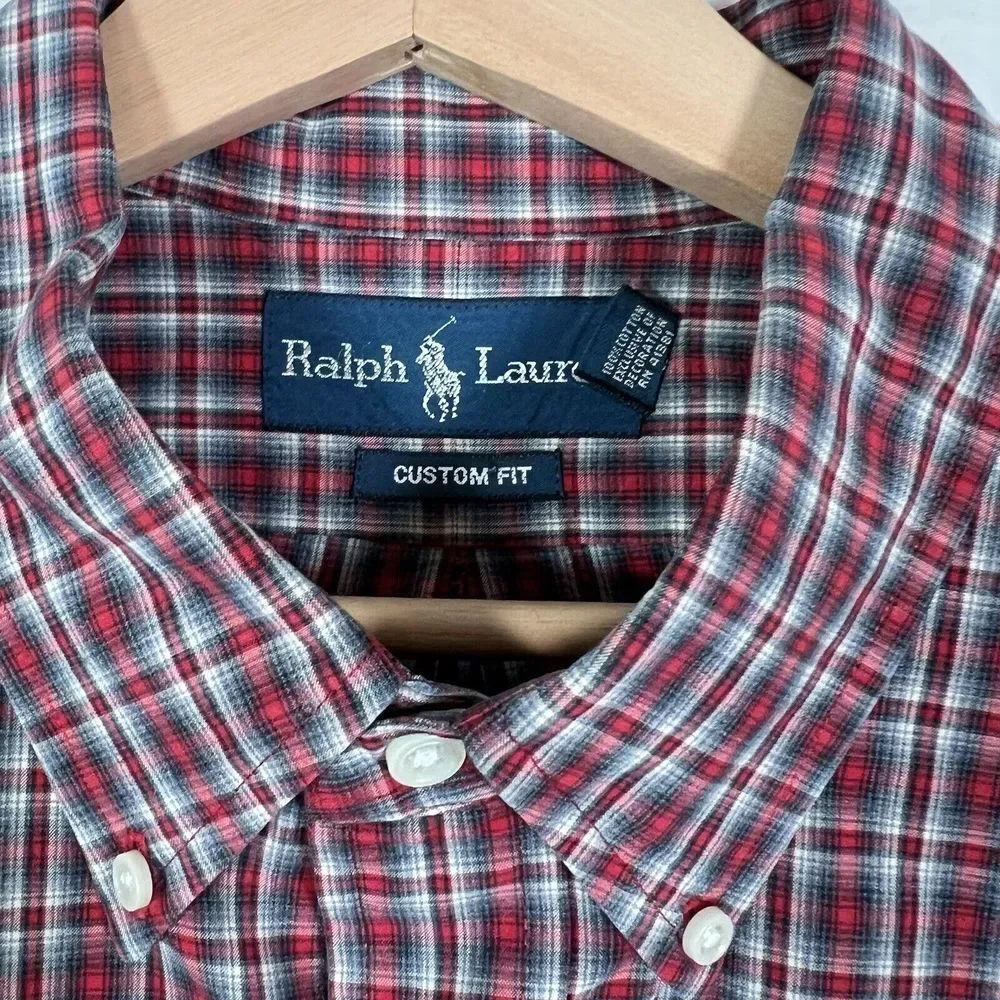 Ralph Lauren Men's Custom Fit Red Long Sleeve Button‎ Down Plaid Shirt Size XL